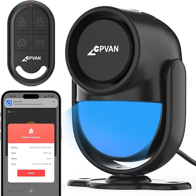 CPVAN WiFi Motion Sensor Alarm, 125dB Wireless Smart PIR Motion Detector Alarm for Home Security System with Phone APP Alert (Indoor PIR Alarm Host, 1 Remote), Black