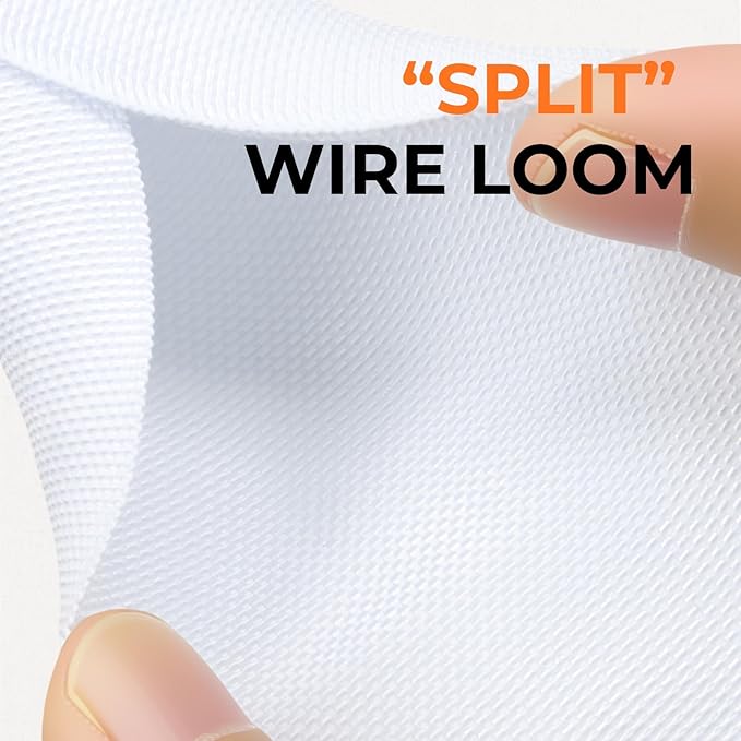 Holed 3/8 inch Split Braided Cable Management Sleeve for USB Cable Power Cord Audio Video Cable, High-Temperature Automotive Harness Wire Loom Cord Protector from Cat Dog Chewing (White, 10FT)