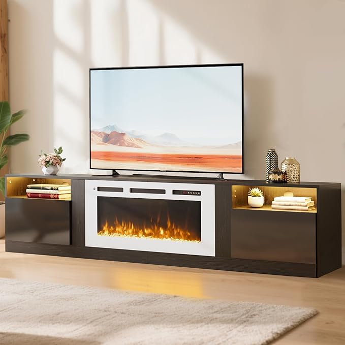 YISUFO 80” TV Stand with 36” Electric Fireplace, Large Modern Media Entertainment Center with Storage Cabinet and 12 Colors LED Lights for TVs Up to 90",Black & White