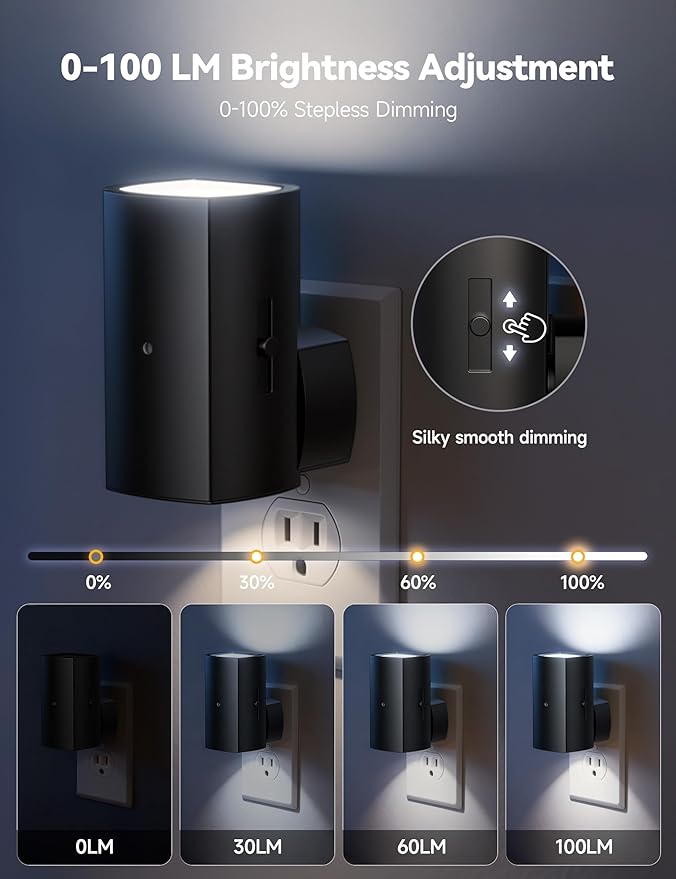 Brightown 2 Pack Black Night Lights Plug into Wall, Modern Night Light with Rotating Plug, Dusk to Dawn Sensor, 0-100LM Stepless Dimming Aora Night Light for Hallway Bedroom Bathroom, Pure White