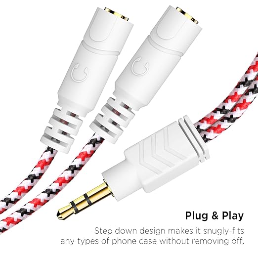 DUKABEL Headphone Splitter, 3.5mm Splitter Cable for Headset [Fine Braided & Gold Plated] Stereo Audio Y Cable AUX Splitter - Compatible for iOS, Android, Smartphones, Tablets & More - (0.85ft/26cm)