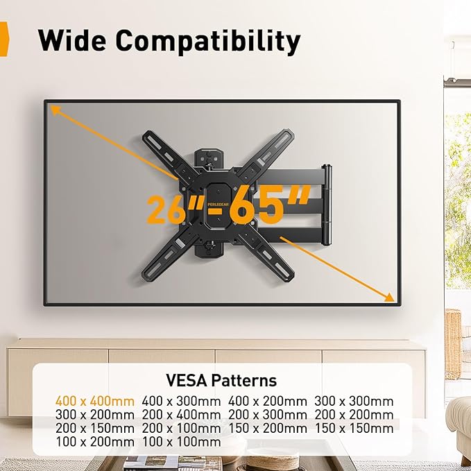 Perlegear Long Arm TV Wall Mount for 26-65 inch TVs up to 100 lbs, Corner TV Mount Bracket with 31.65” Extension, Swivel, Tilt Articulating Arms, Max VESA 400x400mm, Full Motion Wall Mount PGMF25B