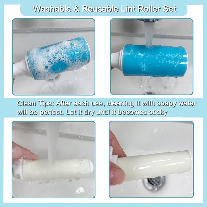Reusable Washable Lint Roller 3 Pack, Sticky Gel Lint Rollers, Cat Dog Pet Hair Lint Remver Cleaner for Clothes, Carpet, Travel, 1 Large Roller with Dust Cover and 2 Mini, Portable Small Lint Brush