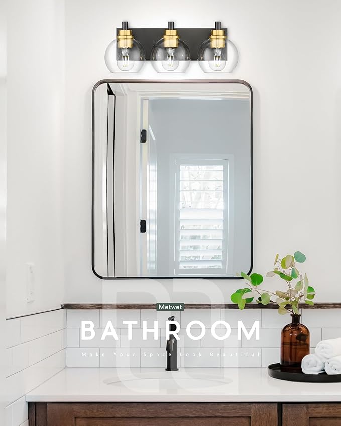 METWET Bathroom Light Fixtures, 3-Light Black and Gold Bathroom Vanity Light, Modern Wall Sconces with Globe Clear Glass Shade, Vanity Lighting Fixtures Over Mirror, VL195-KG-3