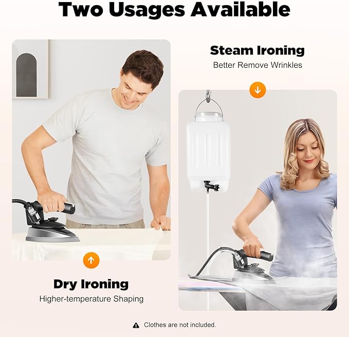 Industrial Gravity Feed Steam Iron 1200W Commercial Electric Iron with 3L Large Capacity Water Bottle, Temperature Adjustable Heavy Duty Clothes Iron for Garment Factory Dry Cleaners Hotels