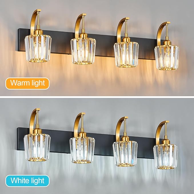 FDPBY Modern Bathroom Vanity Light, 4-Light Black Gold Wall Sconce with Crystal Accents, Over Mirror Bathroom Lighting Fixture, 32.67" Long Dimmable Vanity Lamp for Makeup, Easy Installation