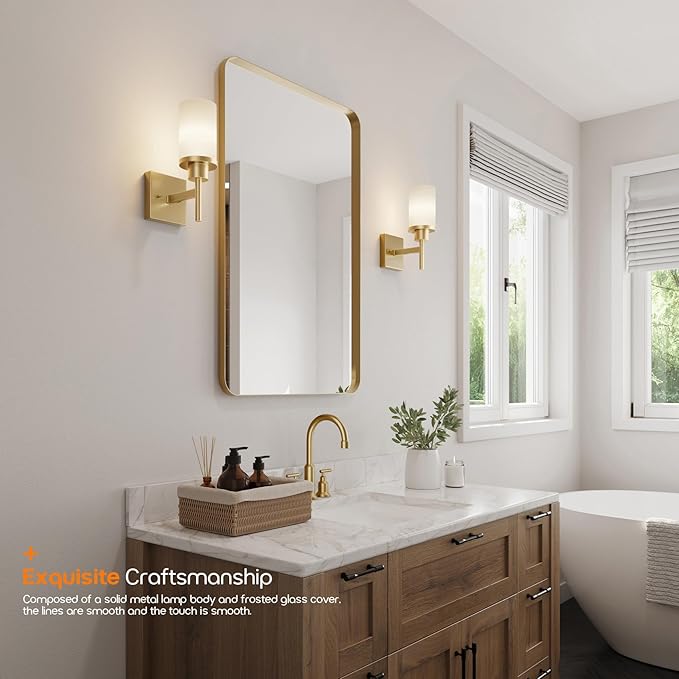 AONEON Vanity Lighting Fixtures with White Frosted Glass Gold Wall Lamp for Bathroom Mirror Bedroom, Living Room, Kitchen Cabinet, Washroom Porch T001GD-L1