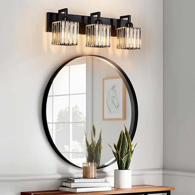 FDPBY Modern Bathroom Vanity Light 3-Lights Plating Black Vanity Light Crystal Wall Light Bathroom Light Fixtures