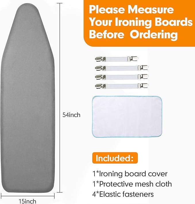 Ironing Board Cover and Pad, 15x54 Standard Size Thick Iron Padding, Scorch & Stain Resistant Ironing board cover, Heavy Duty Iron Board Padded with Adjustable Fasteners Durable Elastic Edge, Grey