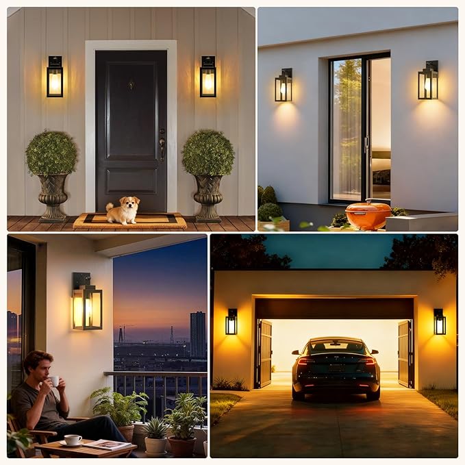 LTBLIGHT 2-Pack Motion Sensor Outdoor Wall Light Fixtures, Modern Black Dusk to Dawn Porch Light Lantern with 3 Modes, Waterproof Exterior Lighting for House, Patio, Garage, Front Door
