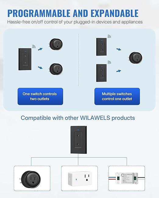 Black Remote Control Outlet Plug, WILAWELS Wireless Light Switch, On Off Remote Switch Outlet for Lights, Lamps, Home Appliance, 100ft RF Range, FCC Listed (2 Controllers + 1 Outlet) H05RC2106