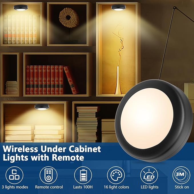 Yiliaw 6 Pack LED Puck Lights Remote Control 16 Color Changeable Under Cabinet Lights, Battery Operated Lights Night Light with Dimmer & Timmer for Closet Bedroom Kitchen, Black