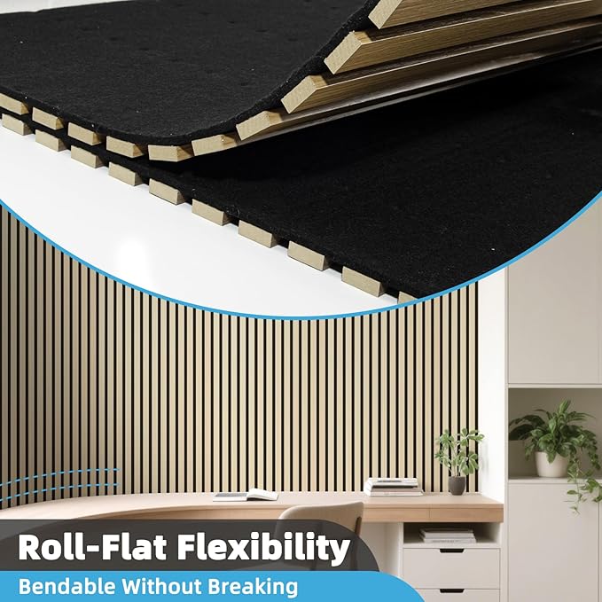 Art3d 1-Pack Acoustic Wood Slat Wall Panel with Roll-Flat Design - 95.3 x 23.8 Inch Sound Absorbing Panels for Living Room Columns Corridor Curved Wall Decor, Oak