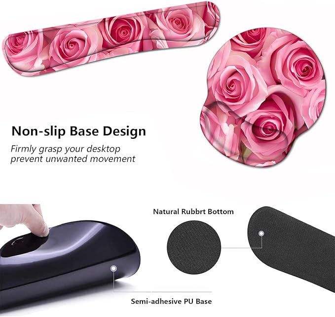 Keyboard Wrist Rest and Mouse Pad Wrist Support Set with Coasters, Non-Slip PU Base Ergonomic Gaming Mousepad for Home Office Working Studying Easy Typing & Pain Relief, Pink Roses
