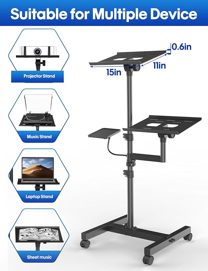 ORWOD Projector and Laptop Stand Tripod, 2 Shelves Mobile Laptop Tripod Stand, Max 47" Height Adjustable Laptop Cart on Wheels, Projector Floor Stand with Ventilated Tray for Podium, Meeting, Couch