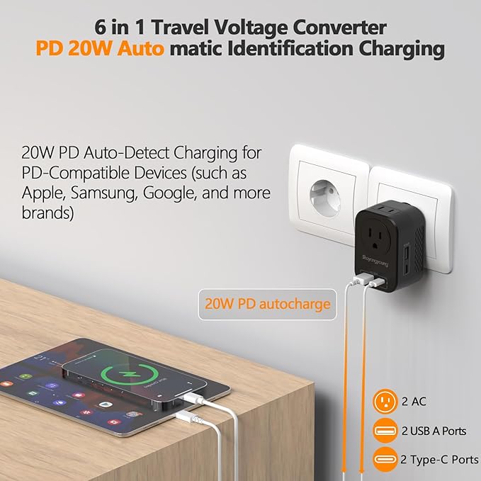Shayangyoung 220V to 110V 20W PD Voltage Converter US to Europe International Universal Travel Adapter with 2 USB A 2 Type-C Port Worldwide Power Converters Plug Combo for Spain Italy (Black)-IZ