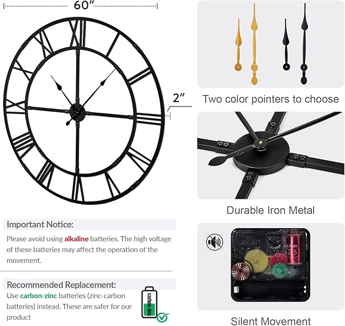 Ohweog Large Wall Clock for Living Room Decor – 60 Inch Silent Non-Ticking Modern Farmhouse Wall Clock, Oversized Decorative Metal Roman Numeral Clock (Pure Black, 60 Inch)