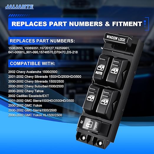 JALIAMTE Driver Side Power Window Switch Master Control Compatiable for 2000-2002 Chevy Silverado 1500HD 2500HD 3500, 2002 Cadillac Escalade, 2000-2002 Sierra Yukon XL, Replace OE 15062650 19259961