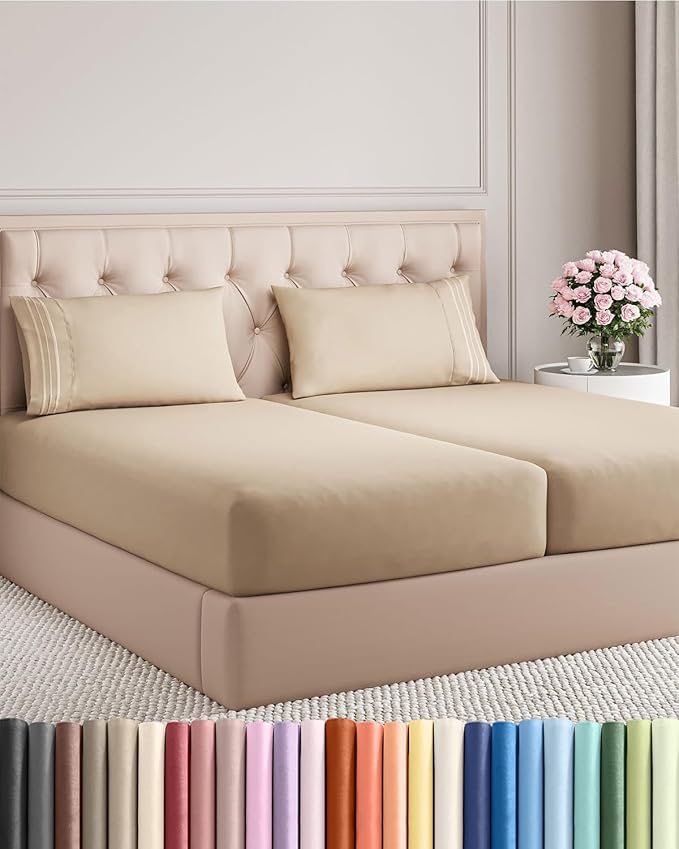 Split King Size 5 Piece Sheet Set - Comfy Breathable & Cooling Bed Sheets Set - Hotel Luxury Bedding for Women, Men, Kids, Teens, Boys & Girls - Deep Pockets, Soft and Wrinkle Free - Oeko-Tex - Cream