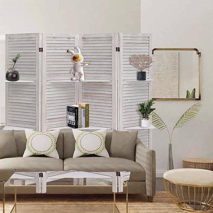 4 Panel Room Divider with Shelves, Room Dividers and Folding Privacy Screens, Folding Room Dividers 4 Panel, White Room Divider with 3 Display Shelves for Home Office (White)