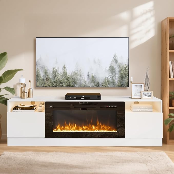 YISUFO 70" TV Stand with 36" Electric Fireplace, Large Modern Media Entertainment Center with Storage Cabinet and 12 Colors LED Lights for TVs Up to 80",White and Black
