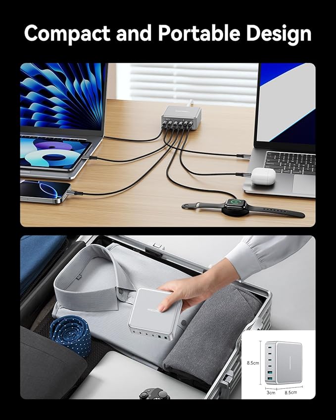 270W USB C Charger Block, Rocoren 6 Port Multi USB-C Charging Station,100W PD Fast USBC Gan Charger Station Hub Dock for Multiple Devices, Laptop Type C for MacBook/iPhone 17/iPad/Galaxy S25 (Sliver)
