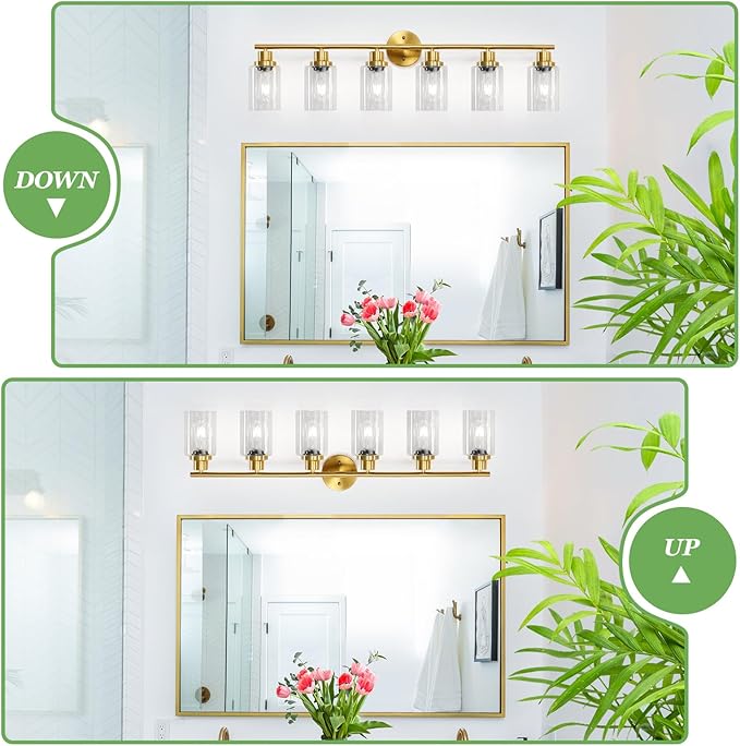 Guliaofo 6-Light E26 Gold Bathroom Vanity Lights, Modern Bathroom Light Fixtures with Clear Glass Shade, Wall Lamps for Mirror Hallway Kitchen Cabinet Living Room Sconces Lights