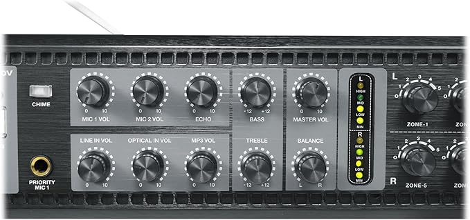 Rockville PRE-70V 8-Zone Stereo Preamp Mixer with Bluetooth, USB/SD/FM, Mic Inputs, Chime, Bass/Treble Control, for 70V Audio Systems