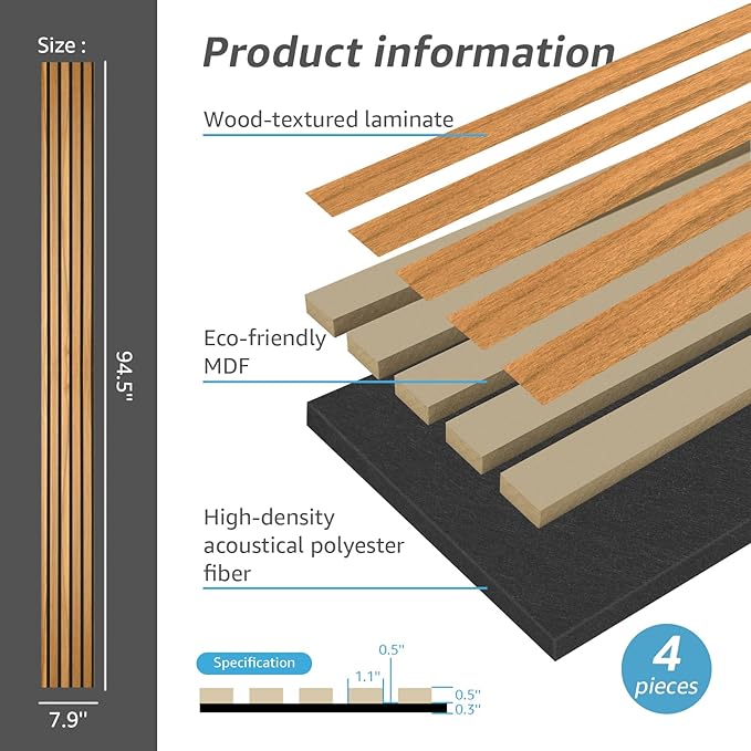Art3d 4-Pack 94.5 x 7.9 inch Acoustic Wood Slat Wall Panels for Interior Decor, 3D Fluted Sound Absorbing Wood Paneling for Accent Wall Ceiling Kitchen Living Room Bedroom Office, Warm Teak
