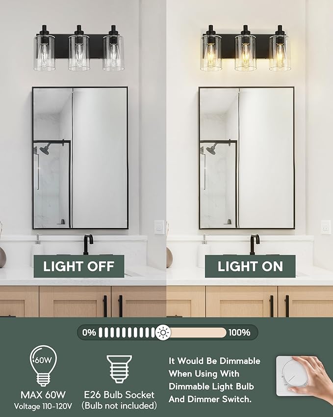 METWET 3-Light Bathroom Light Fixtures, Black Vanity Light with Cylinder Clear Glass Shade, Modern Vanity Lighting Fixtures Over Mirror, VL143-MB-3