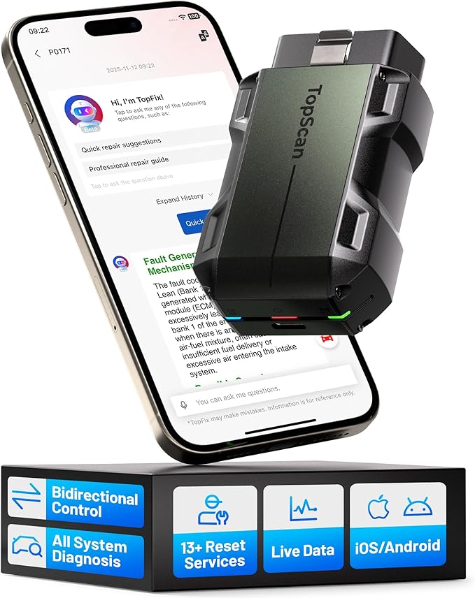 TOPDON TopScan Pro OBD2 Scanner Bluetooth, Bi-Directional Scan Tool for iPhone & Android with All System, 13+ Hot Reset Car Scanner, FCA AutoAuth, CAN-FD, AI Assistant, Upgraded TopScan Code Reader