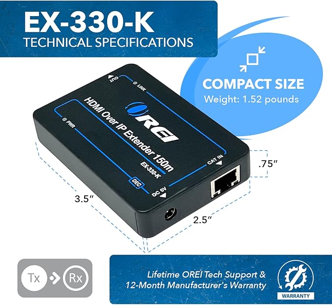 OREI HDMI Extender Over IP- 1080p@60Hz Upto 330Ft with CAT6/7 Cable (Receiver only) (EX-330-K)