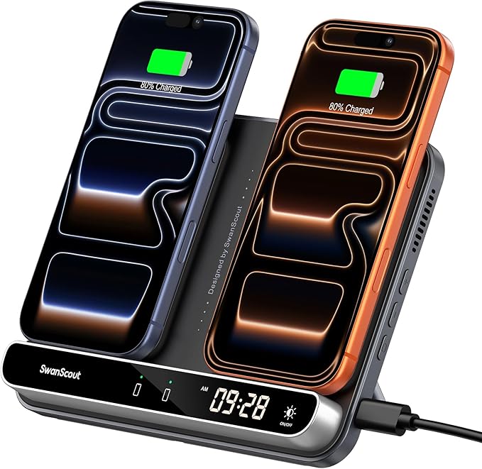 Dual Wireless Charger Stand, SwanScout 504, Foldable Wireless Charging Station Pad for iPhone Air/17/16/15/ Series, Samsung Galaxy S25/S24/S23, Android Phones, AirPods/Galaxy Buds (Black & Tech Grey)