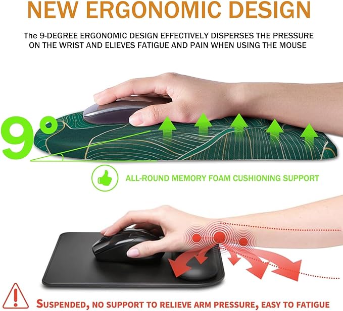 BOCHEERY Ergonomic Mouse Pad Wrist Support,Upgrade Mousepad with Massage Design,Non-Slip PU Base Desktop Mouse Pads for Pain Relief, Computer, Office & Home,12 x 8 in（F-Leaf Green）