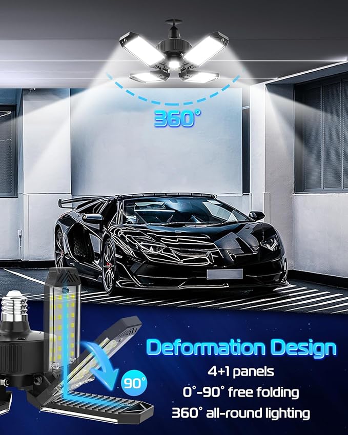 CHENGCHILIT LED Garage Light - 6 Pack 130W 13000LM Deformable 4+1 Panel LED Garage Ceiling Lights with Transformer, E26/27 Base, 6500K Daylight White Shop Lights for Factory, Storage Room, Warehouse