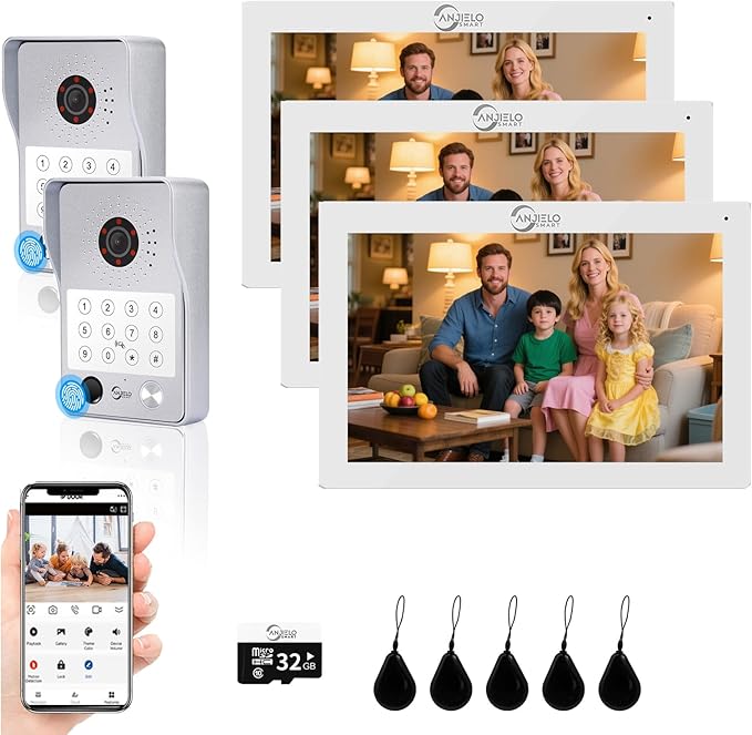 Wired Video Door Phone Apartment Intercom System,7 Inch Touch Monitor with 1080P HD Camera Doorbell,Supporting 5 in 1 Unlocking,Minitoring Motion Detecting for Home Villa,Tuya (2 doorbell + 3 monitor)