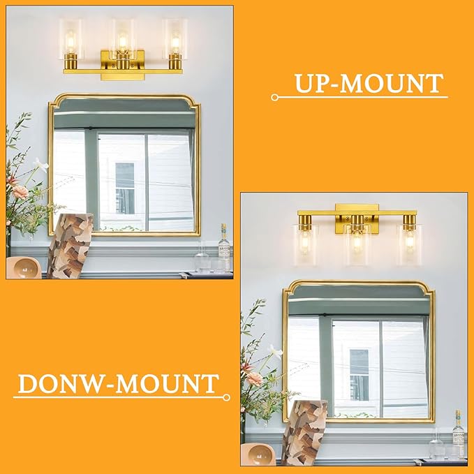 SOPEAS Gold 3-Light Bathroom Vanity Light, Modern Brushed Gold Vanity Lights with Clear Glass Shades, Bathroom Wall Sconce Lamp for Mirror Living Room Bedroom Hallway