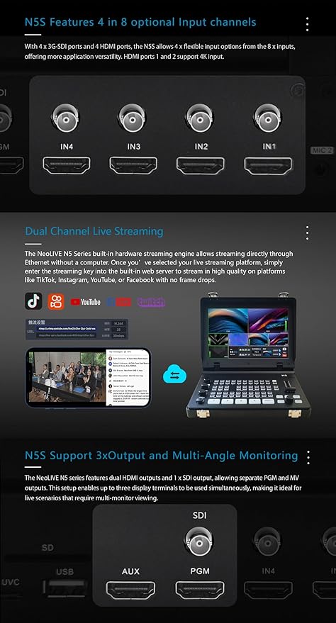 SPROLINK NeoLIVE N5S 5 Input Channels Video Streaming switcher Laptop Design with 10.1inch Screen, with Dual 4k inputs, Support MV and PGM outputs (Neolive N5S)