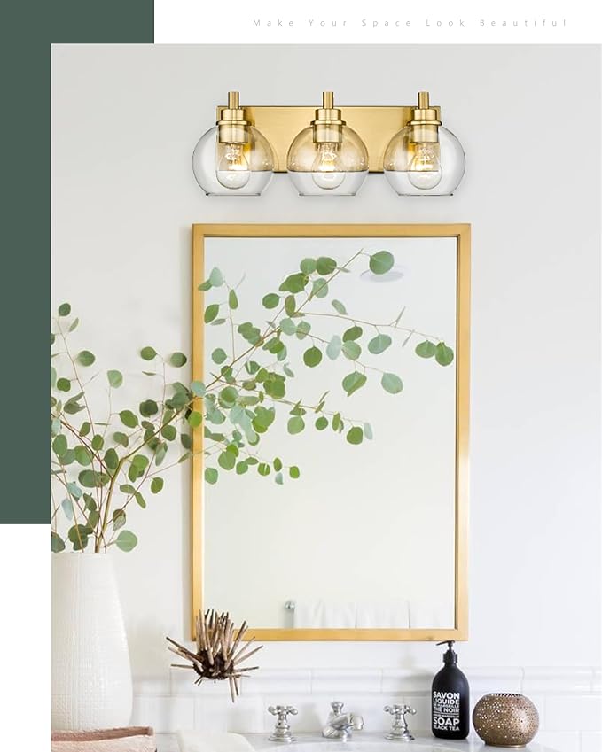 METWET Bathroom Light Fixtures, 3-Light Brushed Gold Vanity Light, Modern Wall Sconces with Clear Glass Globe Shade, Bathroom Wall Lights for Mirror Kitchen Bedroom Hallway Living Room, VL195-GD-3