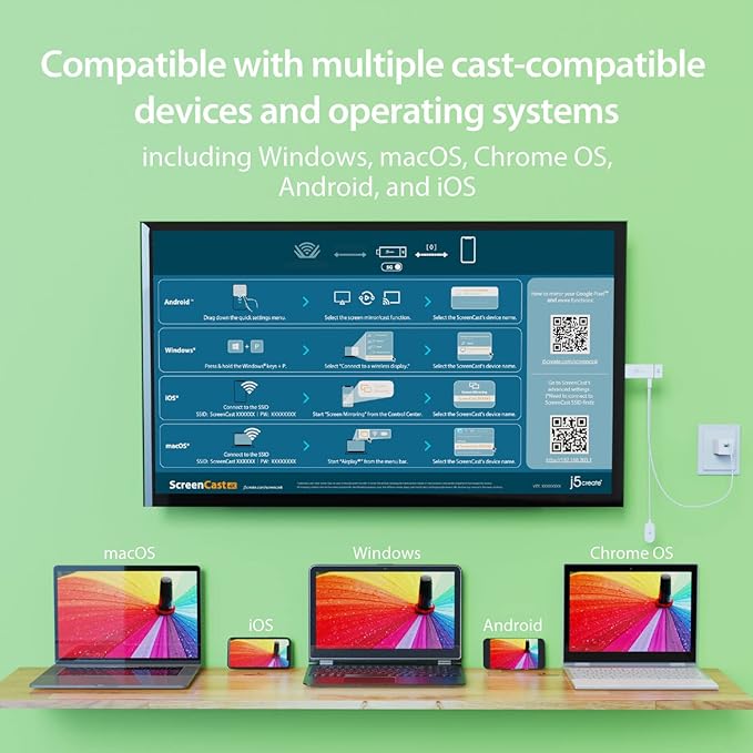 j5create ScreenCast 4K Wireless Adapter Screen Cast from Mobile Phone, Tablet, or Laptop Support for AirPlay, Miracast & Chromecast Mirror Extend for Windows & macOS Wireless Screen Display (JVAW76)