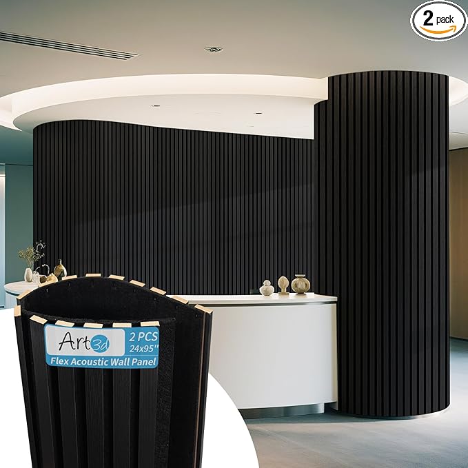 Art3d 2-Pack Acoustic Wood Slat Wall Panel with Roll-Flat Design - 95.3 x 23.8 Inch Sound Absorbing Panels for Living Room Columns Corridor Curved Wall Decor, Blackwood