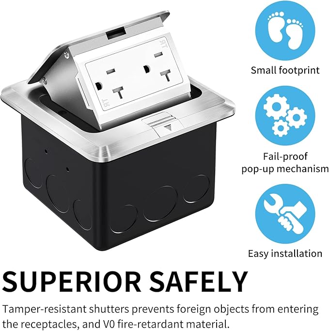 Vagueior Recessed Floor Electrical Outlet Kit,Waterproof Electrical Outlet Covcer Box,Hidden 20A Tamper-Resistant Receptacle Outlet with Slow Elastic Damping，ETL Certified,Silver (1 Pack)