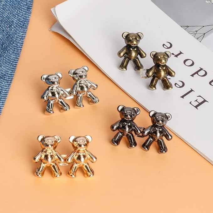 TOOVREN Cute Bear Button Pins for Jeans, No Sew and No Tools Instant Pant Waist Tightener, Adjustable Jean Buttons Pins for Loose Jeans 4 Sets Replacement Pant Clips for Waist Buckle