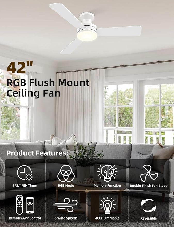Homlit 42 inch RGB Ceiling Fan with Light, Smart App & Remote Control Low Profile Flush Mount, Music Sync Lighting, 6-Speed Quiet Reversible DC Motor, 4CCT Dimmable for Home Office Party,White