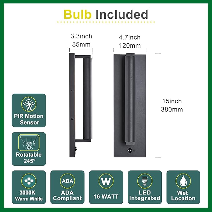 Tarentlight Modern PIR Motion Sensor Outdoor LED Wall Light, with a Rotatable Beam and 245° Adjustment, 3 Lighting Sensor Modes, IP65 Waterproof, Suitable for Porches, Balconies, Gardens, Garages.