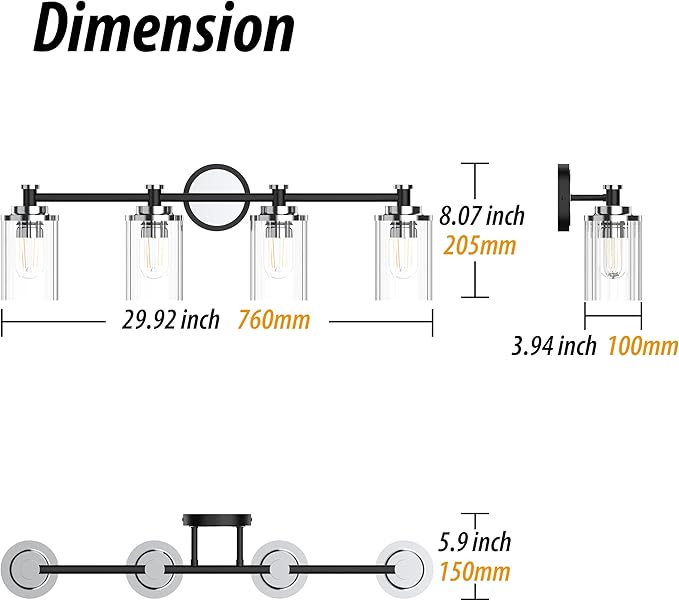 PHIXART Bathroom Lighting Fixtures Black and Chrome Bathroom Vanity Light with Cylindrical Clear Stripes Glass Lampshade E26 Socket Base Bathroom Lighting Fixtures Over Mirror (4 Lights)
