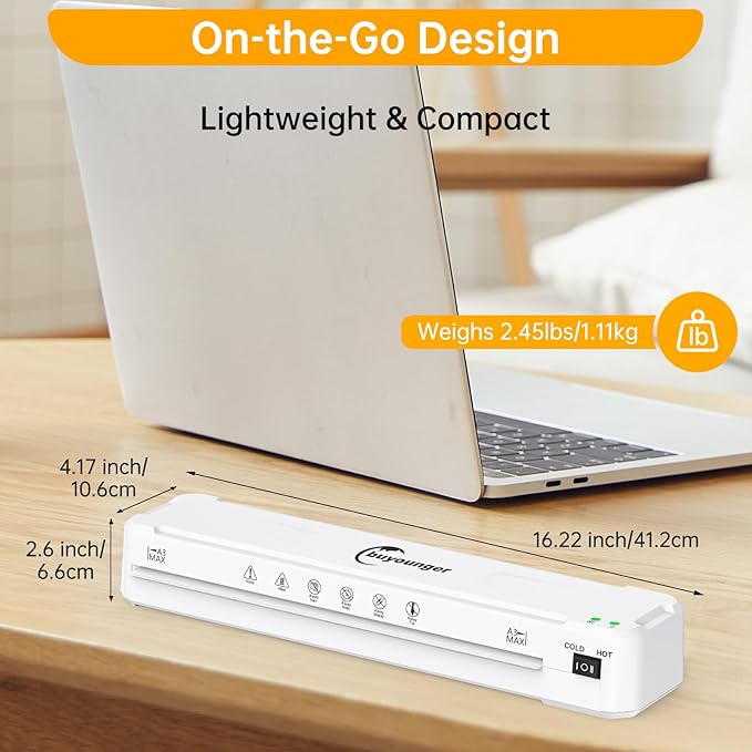 Buyounger Laminator Machine, A3 Laminator Machine with 30 Laminating Sheets, 13 Inch Laminating Machine with Fast Warm-up for A3/A4/A5/A6, Thermal and Cold 11X17 for Home School Office