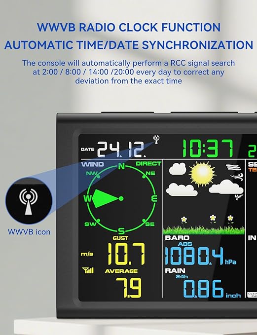 AIRAIN TECH 10-in-1 Wireless Weather Station,with Outdoor Sensor,Rain Gauge,Atomic Clock,Wind Speed/Wind Direction,Indoor Temperature and Humidity,Barometer,Weather Forecast, etc.(NO WiFi)