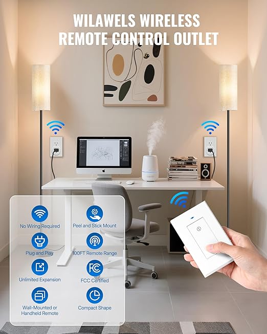 Remote Control Outlet WILAWELS Wireless Light Switch, 2 Pack Expandable and Removable Remote Outlet Switches for Christmas Light, Lamp, Appliance, FCC Listed, 1 Controller for 2 Outlets W05RC1206