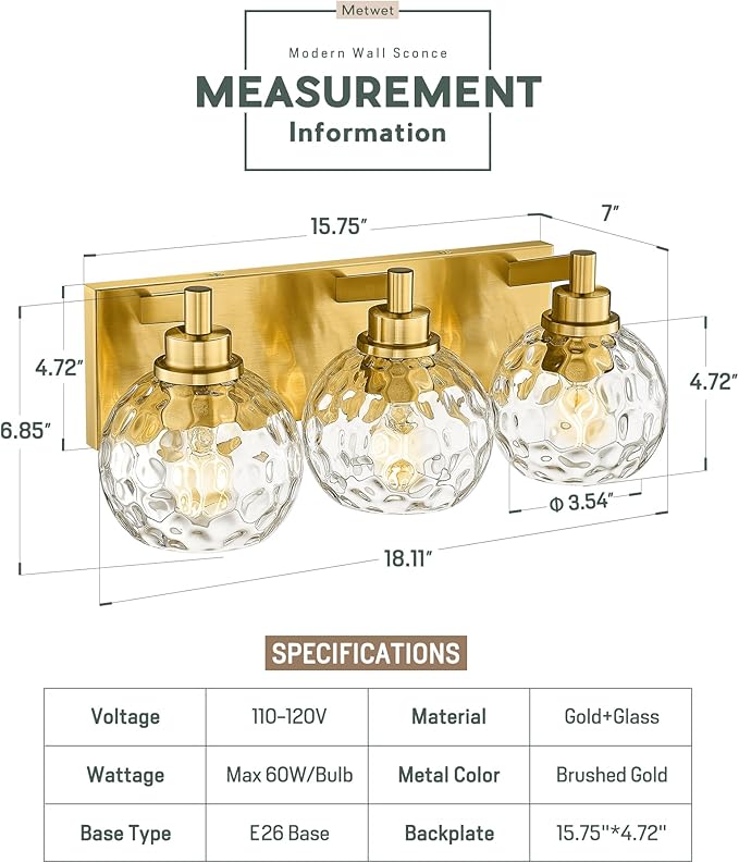 METWET Bathroom Light Fixtures Over Mirror, 3-Light Brushed Gold Vanity Light with Clear Hammered Glass Globe Shade, Modern Sconces Wall Lighting Bedroom Hallway, VL200-BG-3